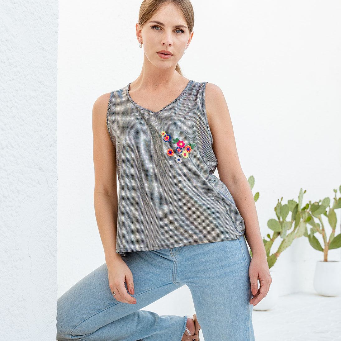 Metallic top with floral embroidery