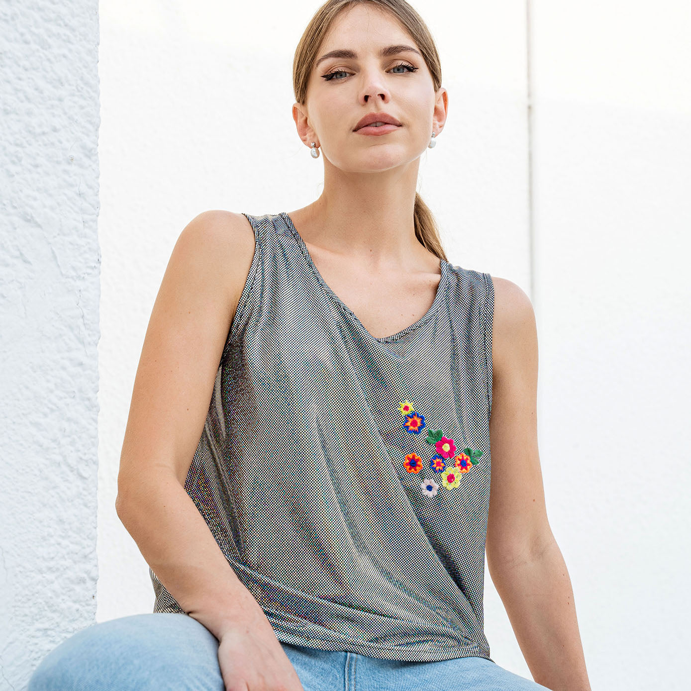 Metallic top with floral embroidery